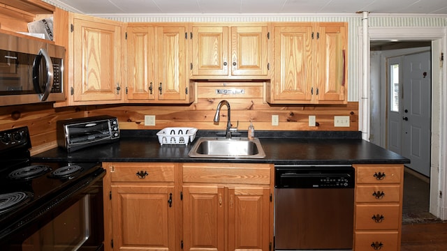 43 Main St, Harrison, ME 04040 - kitchen with appliances with stainless steel finishes, a sink, and dark countertops