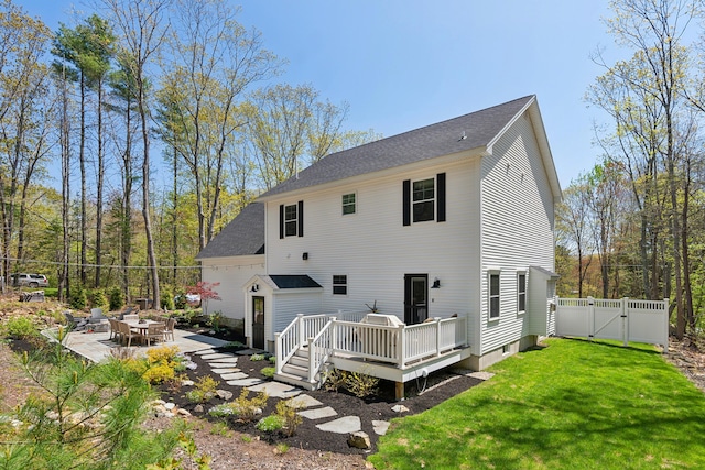 6 Roberts Ln, Kennebunkport, ME 04046 - rear view of house featuring a deck, a gate, a patio area, and a shingled roof