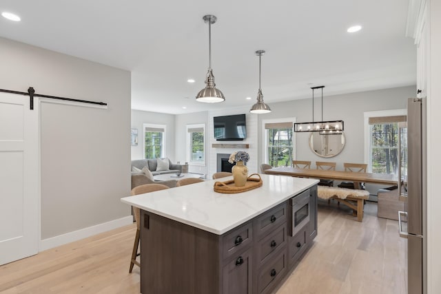 6 Roberts Ln, Kennebunkport, ME 04046 - kitchen featuring appliances with stainless steel finishes, light wood finished floors, a fireplace, recessed lighting, and white cabinets