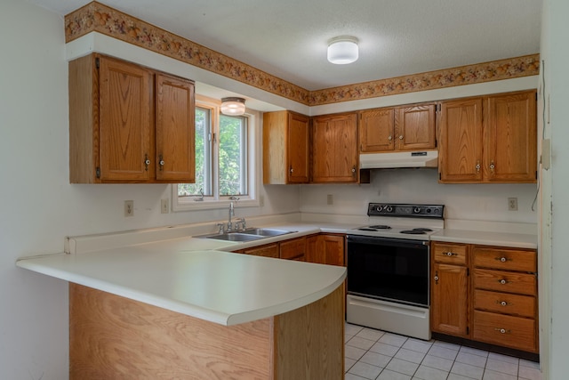 48 Pine Hill Dr Unit 48, Bath, ME 04530 - kitchen featuring range with electric cooktop, under cabinet range hood, a sink, brown cabinetry, and a peninsula