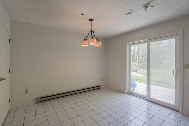 48 Pine Hill Dr Unit 48, Bath, ME 04530 - empty room with a baseboard heating unit, a chandelier, a textured ceiling, and light tile patterned flooring
