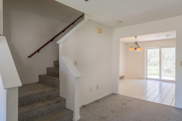 48 Pine Hill Dr Unit 48, Bath, ME 04530 - stairway featuring carpet floors, tile patterned flooring, a baseboard heating unit, and baseboards
