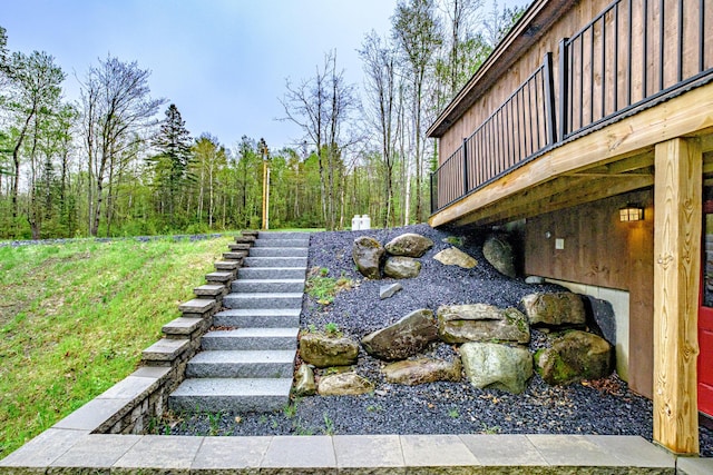 exterior view of stairs and board and batten siding