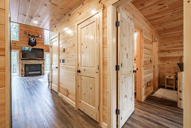hall featuring wood walls, wood ceiling, and dark wood-style floors