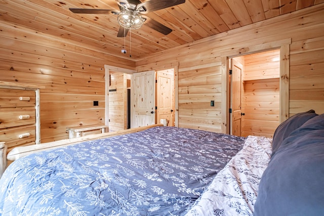 bedroom with wooden walls, wood ceiling, and ceiling fan