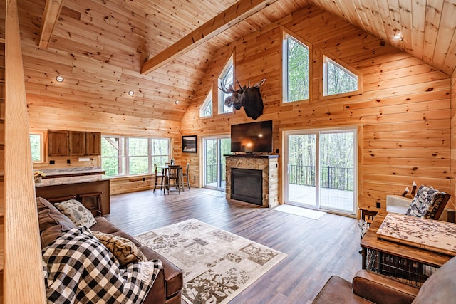 living room with high vaulted ceiling, wooden walls, a fireplace, wood ceiling, and wood finished floors