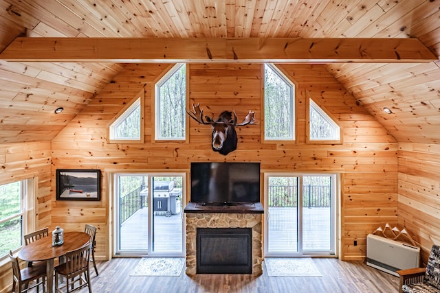 living area featuring wood ceiling, high vaulted ceiling, plenty of natural light, wooden walls, and wood finished floors