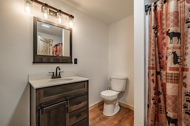full bath featuring wood finished floors, toilet, vanity, baseboards, and a shower with shower curtain