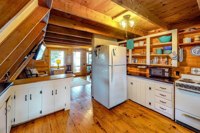 352 Georges Pond Rd, Franklin, ME 04634 - kitchen featuring white appliances, wooden ceiling, light wood-style floors, beamed ceiling, and white cabinets