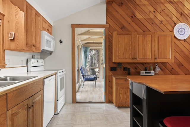 62 Lady Slipper Ln, Weld, ME 04285 - kitchen with white appliances, lofted ceiling, light countertops, open shelves, and a sink
