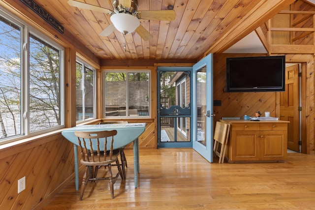 62 Lady Slipper Ln, Weld, ME 04285 - sunroom / solarium featuring wood walls, wood ceiling, wood finished floors, and a wooden deck