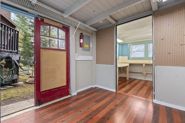 62 Lady Slipper Ln, Weld, ME 04285 - entryway featuring hardwood / wood-style floors, beam ceiling, and baseboards