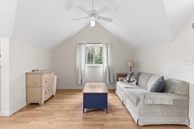 62 Lady Slipper Ln, Weld, ME 04285 - living room featuring light wood-style floors, ceiling fan, vaulted ceiling, and baseboards