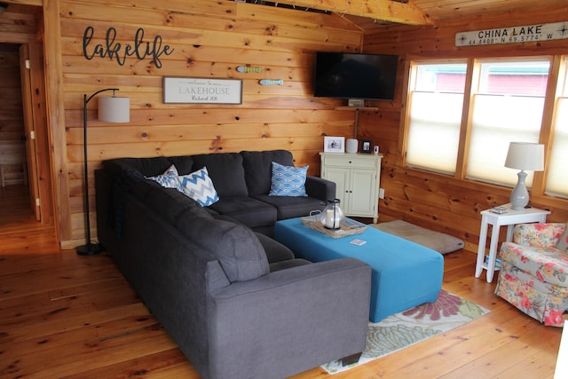 1270 Lakeview Dr Unit 21, China, ME 04358 - living room featuring hardwood / wood-style flooring and wooden walls
