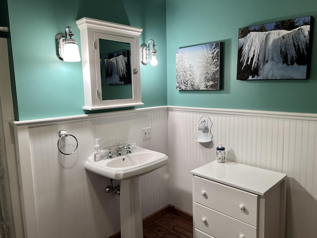15 Miles Rd, Tremont, ME 04674 - bathroom featuring a wainscoted wall, wood finished floors, and a sink