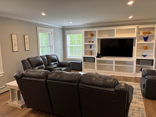 48 Mountain View Dr, Auburn, ME 04210 - living area with ornamental molding, wood finished floors, and recessed lighting