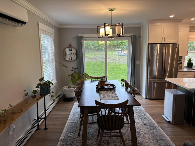 48 Mountain View Dr, Auburn, ME 04210 - dining area with an AC wall unit, dark wood-style floors, a chandelier, recessed lighting, and crown molding