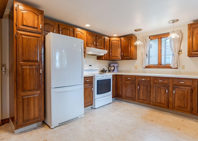 160 Rattlesnake Rd, Brownfield, ME 04010 - kitchen with white appliances, under cabinet range hood, brown cabinets, and recessed lighting