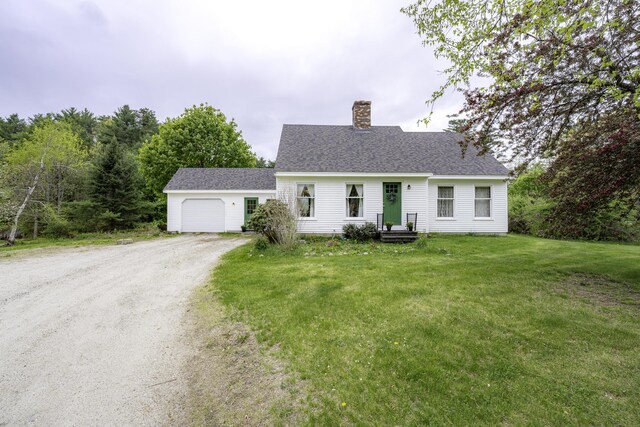 7 Salmon Run, Raymond, ME 04071 - cape cod home with an attached garage, dirt driveway, a chimney, and a front lawn