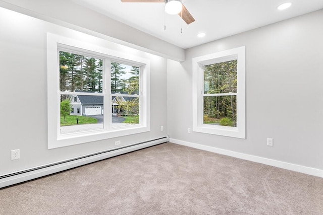 15 Stone Ledge Dr, Lewiston, ME 04240 - empty room featuring baseboard heating, ceiling fan, carpet flooring, baseboards, and recessed lighting