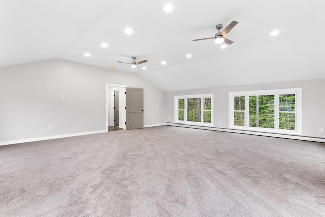 15 Stone Ledge Dr, Lewiston, ME 04240 - unfurnished living room featuring a ceiling fan, vaulted ceiling, recessed lighting, carpet floors, and baseboards