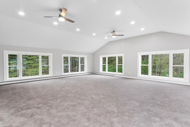 15 Stone Ledge Dr, Lewiston, ME 04240 - carpeted empty room with ceiling fan, vaulted ceiling, recessed lighting, and baseboards