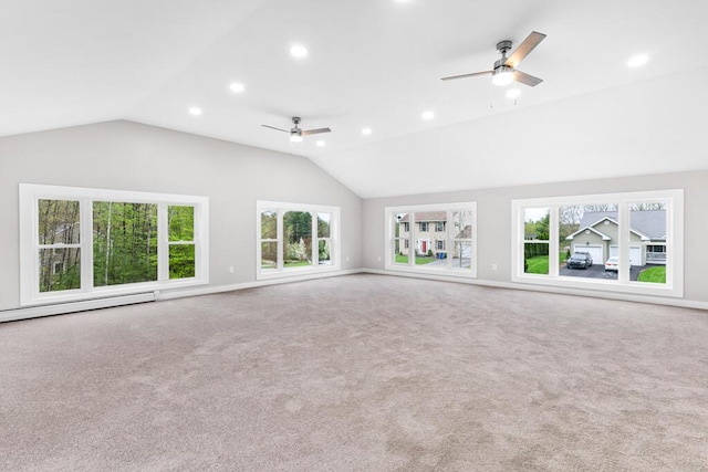 15 Stone Ledge Dr, Lewiston, ME 04240 - unfurnished living room featuring ceiling fan, lofted ceiling, plenty of natural light, baseboard heating, and recessed lighting