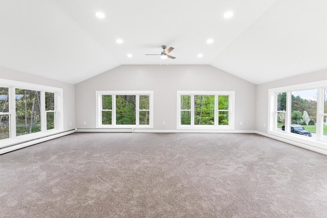 15 Stone Ledge Dr, Lewiston, ME 04240 - unfurnished living room featuring ceiling fan, lofted ceiling, carpet floors, recessed lighting, and baseboards