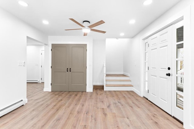 15 Stone Ledge Dr, Lewiston, ME 04240 - entrance foyer with a baseboard radiator, ceiling fan, recessed lighting, light wood finished floors, and stairs