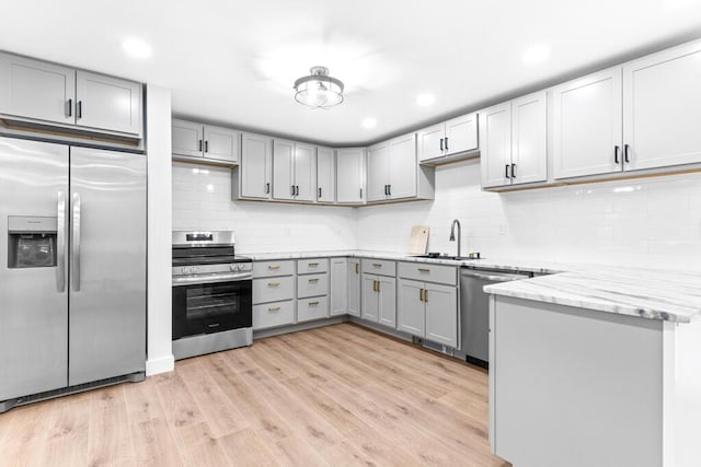 15 Stone Ledge Dr, Lewiston, ME 04240 - kitchen featuring stainless steel appliances, gray cabinetry, a sink, tasteful backsplash, and light wood finished floors