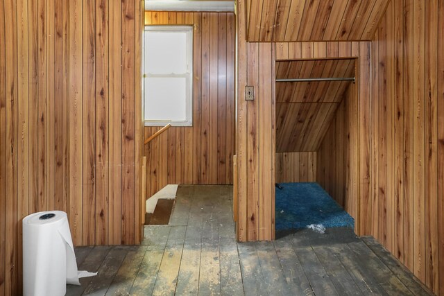 501 Knox St, Rumford, ME 04276 - interior space with hardwood / wood-style floors, wooden walls, and stairway