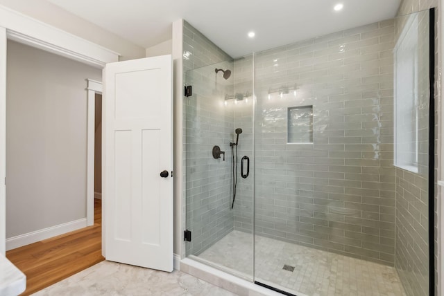 31 Emerson Way, Scarborough, ME 04074 - full bathroom with a shower stall, recessed lighting, and wood finished floors
