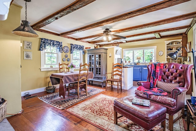 321 Clarks Bridge Rd, Waterboro, ME 04061 - living room featuring hardwood / wood-style floors, ceiling fan, beam ceiling, and baseboards