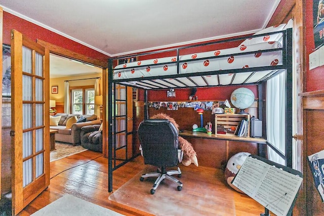 286 Canaan Rd, Clinton, ME 04927 - office featuring french doors, wood finished floors, and crown molding