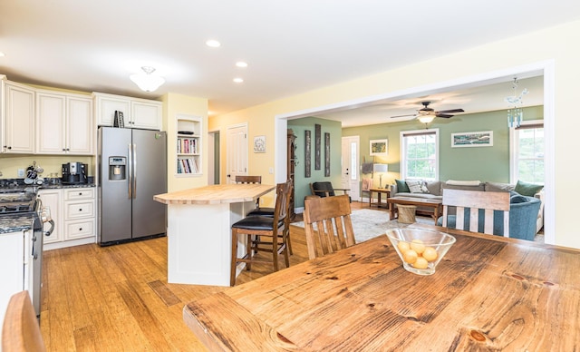 239 Cider Hill Rd, York, ME 03909 - dining space with light wood finished floors, recessed lighting, and a ceiling fan