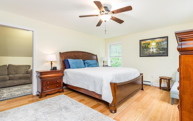 239 Cider Hill Rd, York, ME 03909 - bedroom featuring light wood-style floors, a baseboard radiator, and ceiling fan