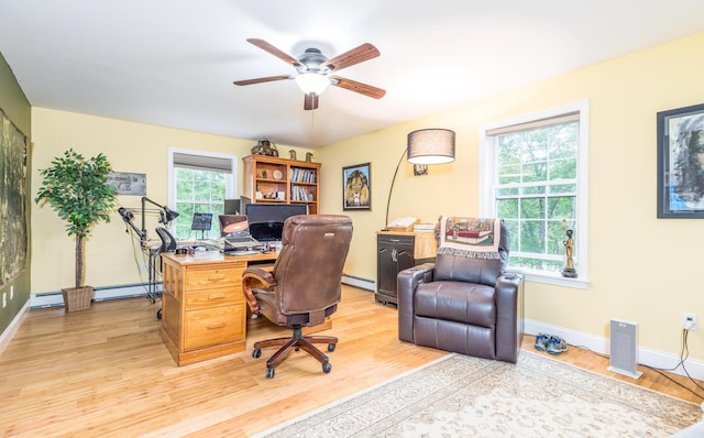 239 Cider Hill Rd, York, ME 03909 - office area with a baseboard heating unit, a ceiling fan, baseboards, and light wood-style flooring