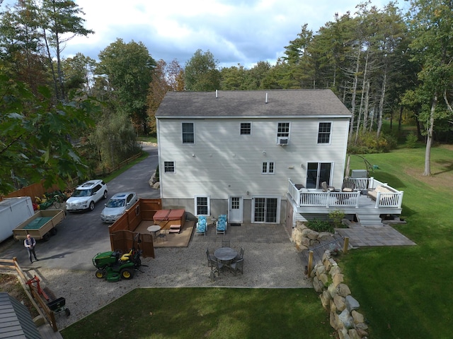 239 Cider Hill Rd, York, ME 03909 - rear view of property with a deck, a patio, a lawn, an outdoor hangout area, and a shingled roof