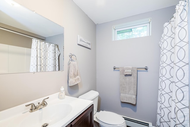239 Cider Hill Rd, York, ME 03909 - bathroom featuring a baseboard radiator, toilet, vanity, and a shower with shower curtain