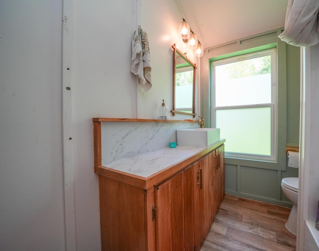 486 Main St, Orono, ME 04473 - bathroom featuring wood finished floors, toilet, and vanity