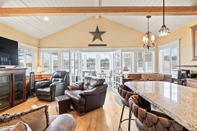 159 Loop Rd, Acton, ME 04001 - living area featuring a chandelier, light wood-style floors, healthy amount of natural light, wood ceiling, and recessed lighting