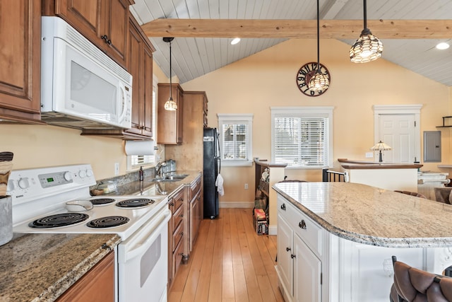 159 Loop Rd, Acton, ME 04001 - kitchen with white appliances, brown cabinets, light wood finished floors, a sink, and wooden ceiling
