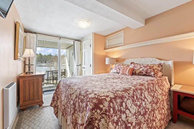 159 Loop Rd, Acton, ME 04001 - bedroom featuring carpet floors, access to outside, and beam ceiling