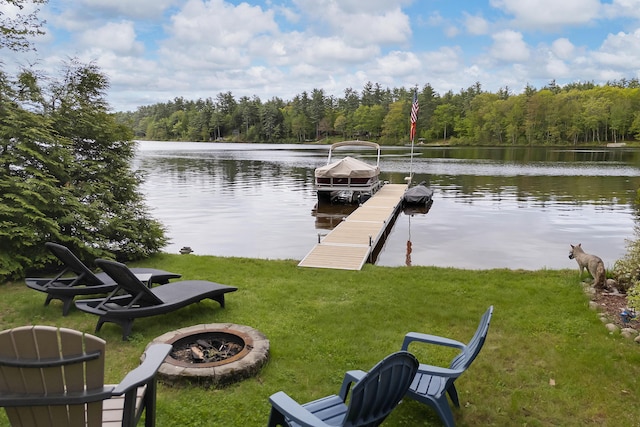 159 Loop Rd, Acton, ME 04001 - dock featuring a water view, an outdoor fire pit, a yard, and a view of trees