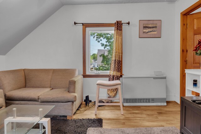 138 Summer St, Biddeford, ME 04005 - living area featuring light wood-type flooring, vaulted ceiling, baseboards, and radiator heating unit