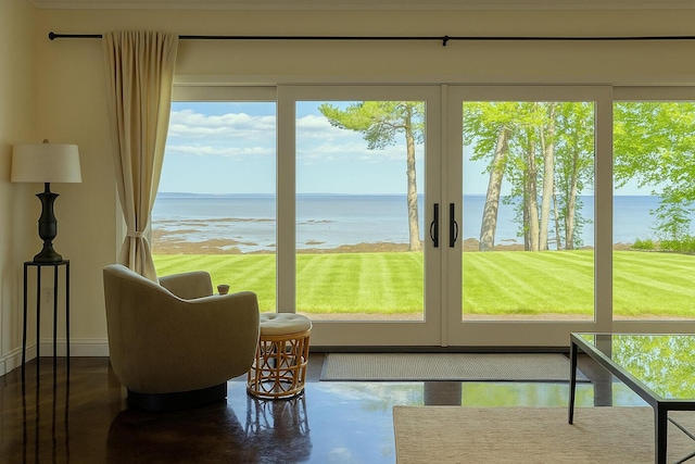 1496 Atlantic Hwy, Northport, ME 04849 - sitting room featuring a water view, french doors, and baseboards