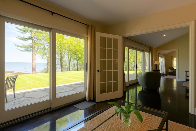 1496 Atlantic Hwy, Northport, ME 04849 - doorway featuring a water view, healthy amount of natural light, vaulted ceiling, and recessed lighting