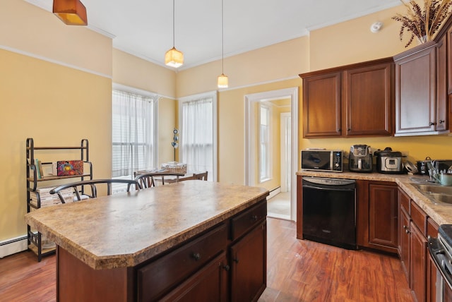 450 Cumberland Ave, Portland, ME 04101 - kitchen with black dishwasher, stainless steel microwave, dark wood finished floors, range, and crown molding