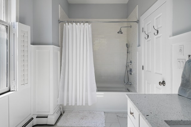 28 Ingalls Rd Unit 28, Portland, ME 04109 - full bathroom featuring shower / bathtub combination with curtain, a baseboard radiator, marble finish floors, and vanity
