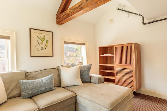 32 Pleasant St Unit 3, Portland, ME 04101 - living area with carpet, high vaulted ceiling, beamed ceiling, and baseboards